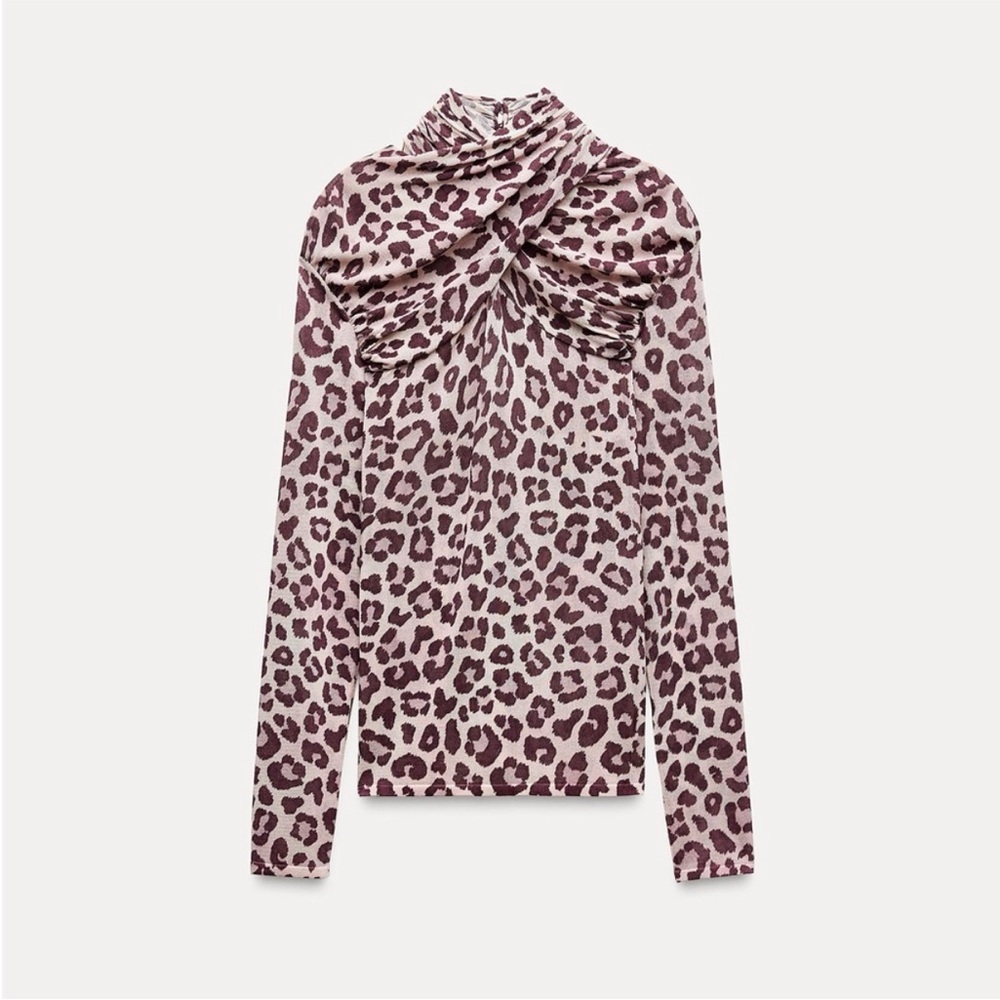 Zara • NWT Draped High Neck Leopard Print Top Size Medium Keyhole Button Chic